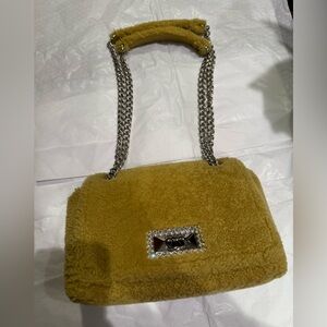 Jimmy Choo wool shearling shoulder bag rhinestone mustard yellow authentic